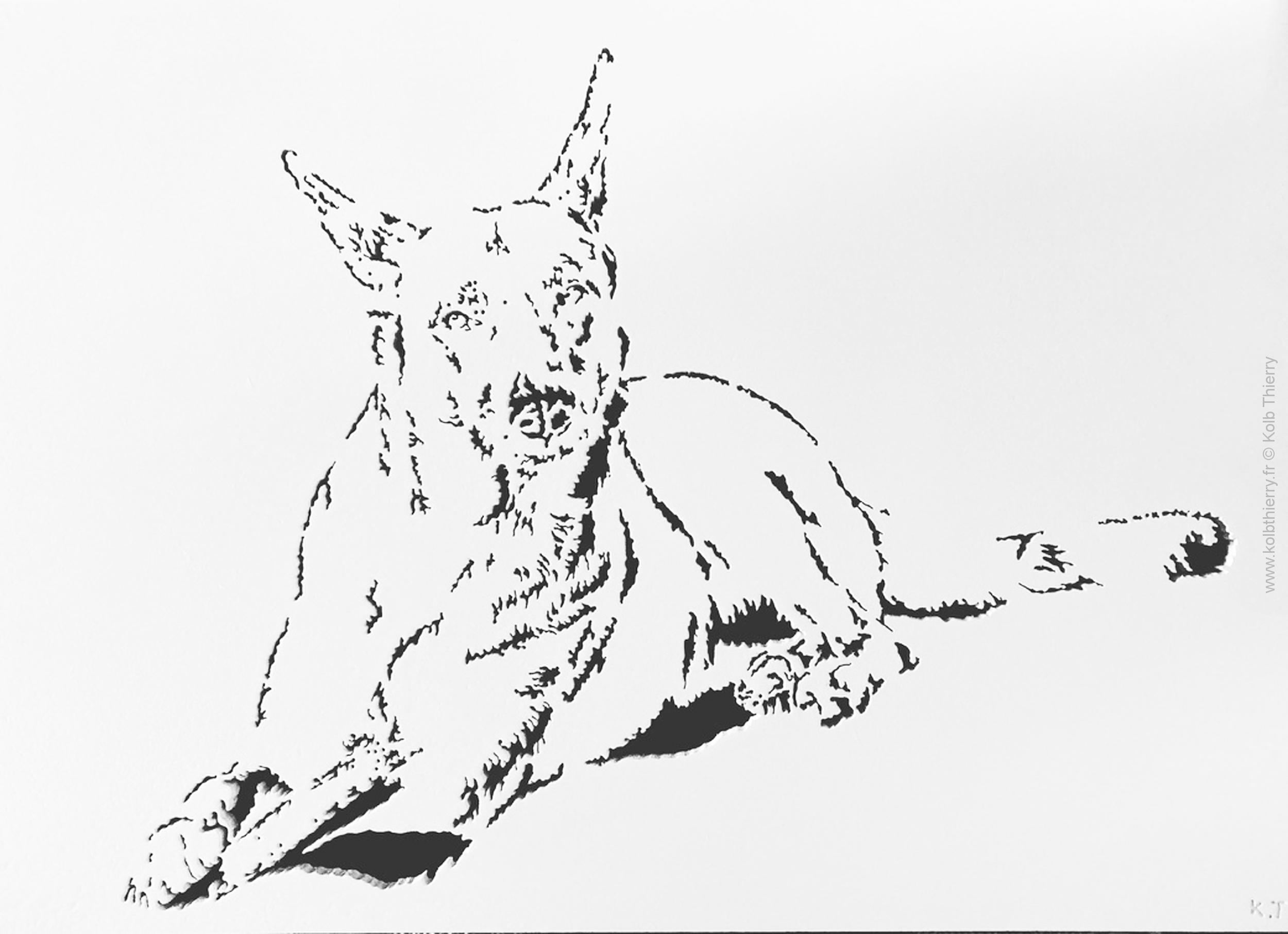 21 juin, en direct de l’atelier, Booba, délicate sculpture sur bois d’une magnifique chienne berger