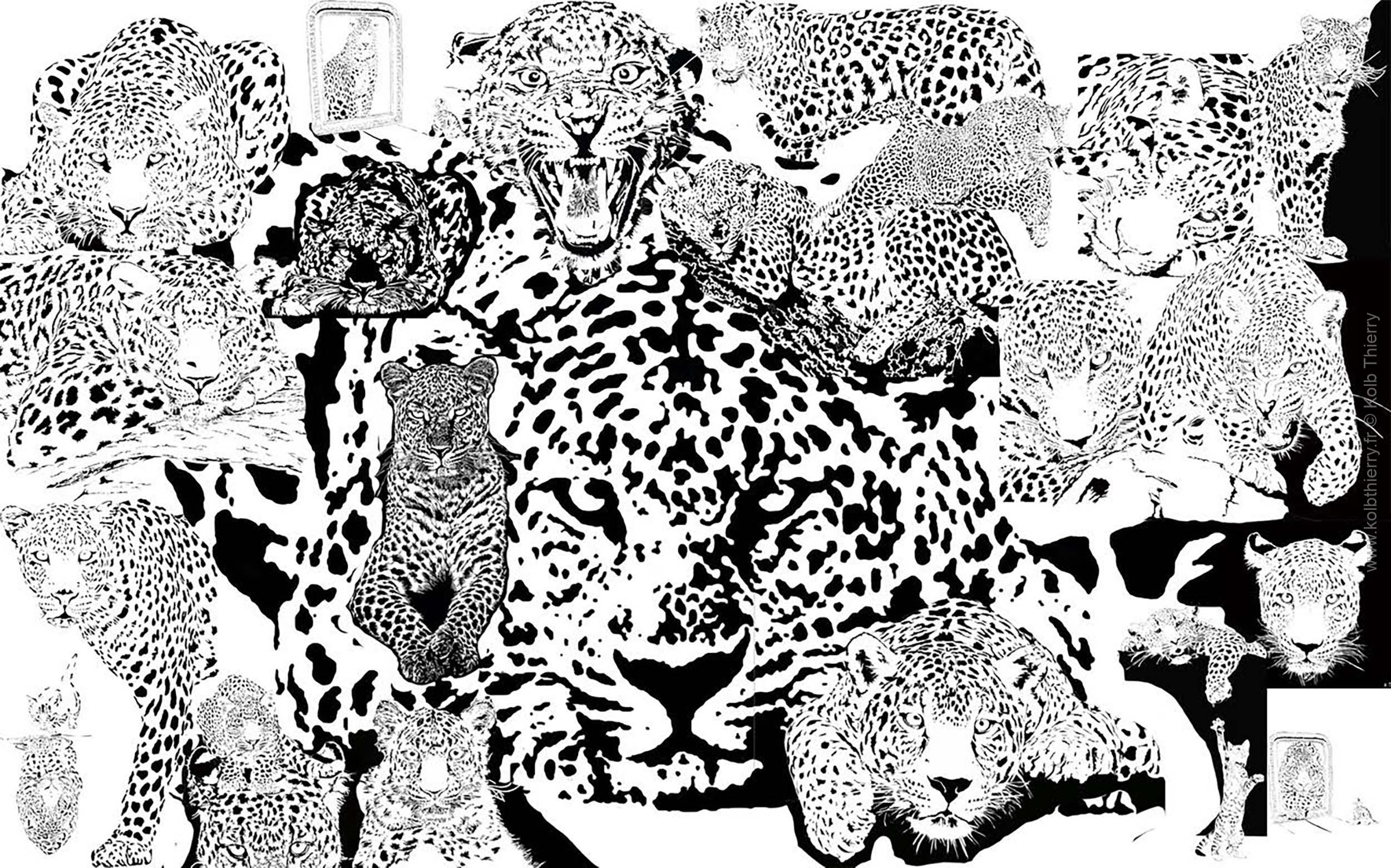 Thierry Kolb, sculpteur sur bois, vous présente tous ses voeux pour la nouvelle année 2023. 23 léopards sont réunis sur ce dessin pour saluer l'arrivée de l'année 2023